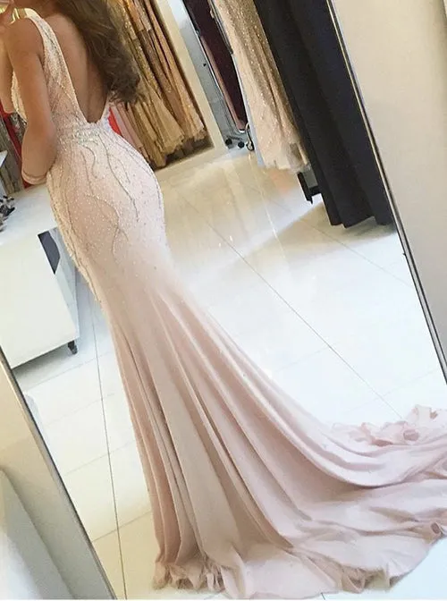 Pink Long Prom Dresses Mermaid V-neck Backless Evening Dresses with Beading,MP558
