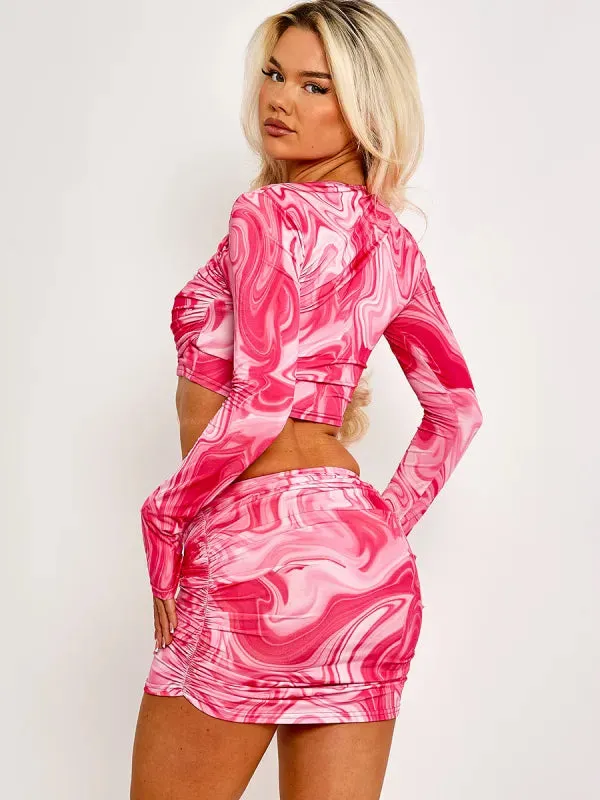 Pink Marble Print Wrap Front Crop Top & Mini Skirt Co-ord