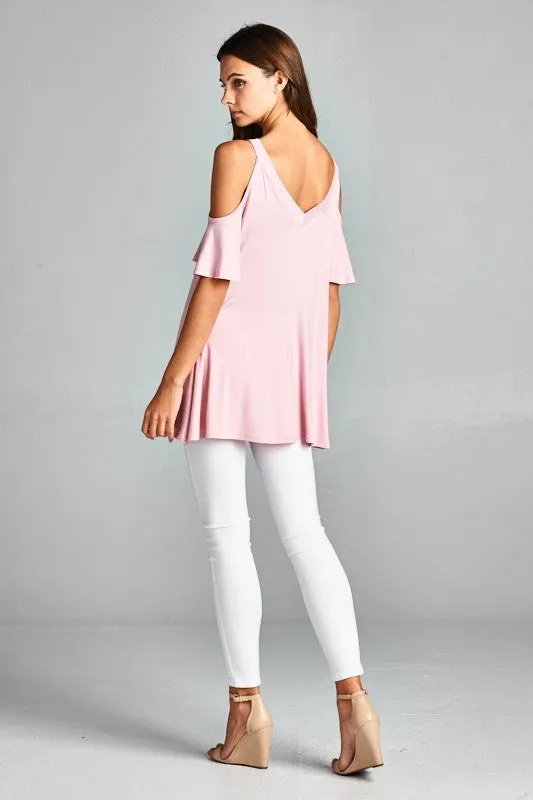 Pink Misses Crisscross Cold Shoulder Flutter Sleeve
