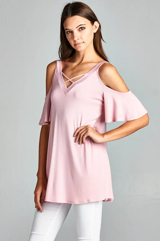 Pink Misses Crisscross Cold Shoulder Flutter Sleeve