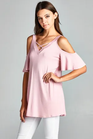 Pink Misses Crisscross Cold Shoulder Flutter Sleeve