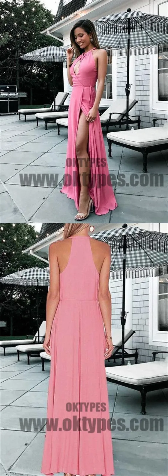 Pink Open Chest Side Split Chiffon Satin Long Floor Length Prom Dresses, TYP0577
