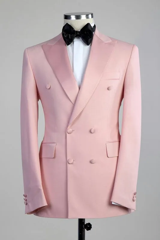 Pink Peaked Lapel Double Breasted Close Fitting Prom Suit
