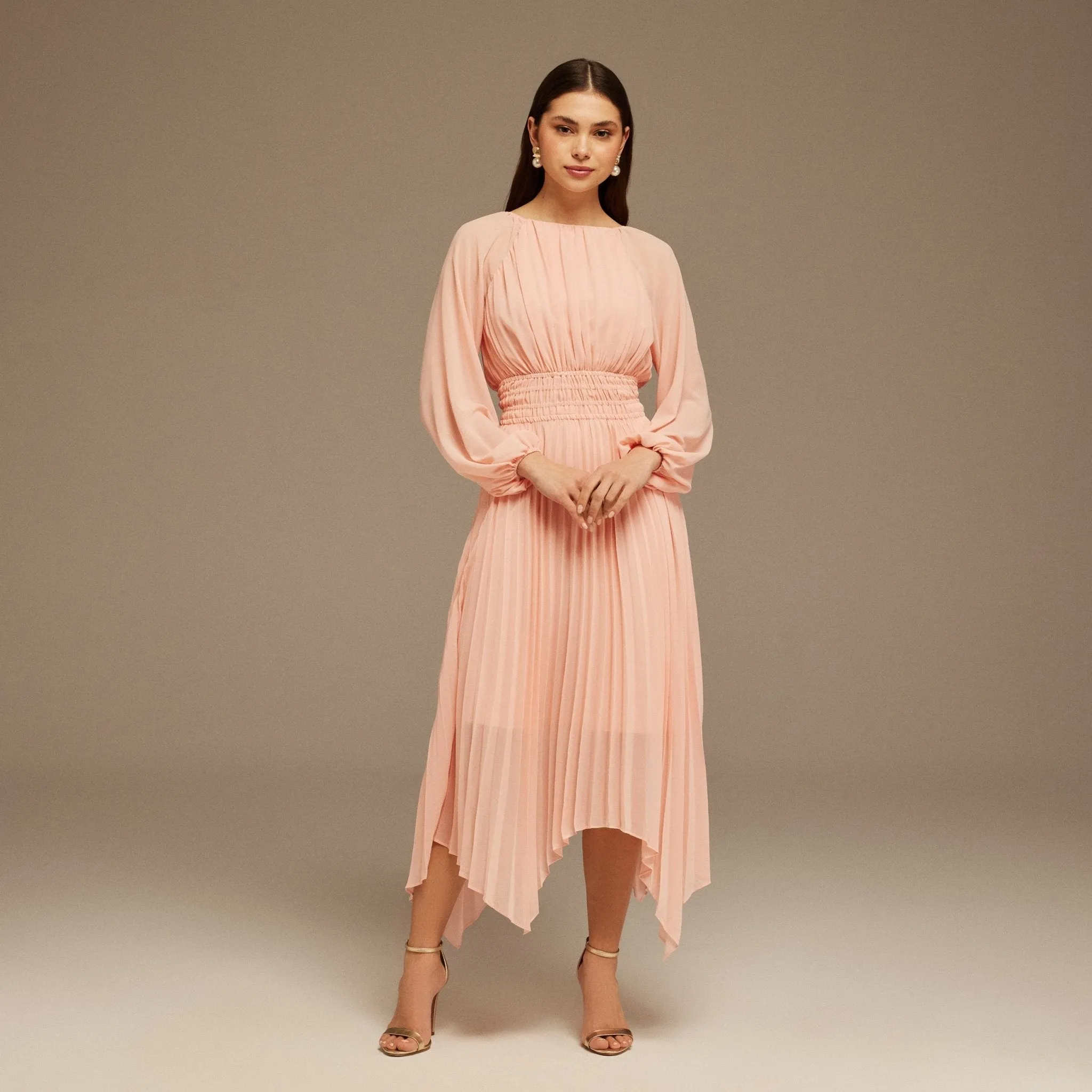 Pink Ruched top long sleeve Chiffon Midi Dress