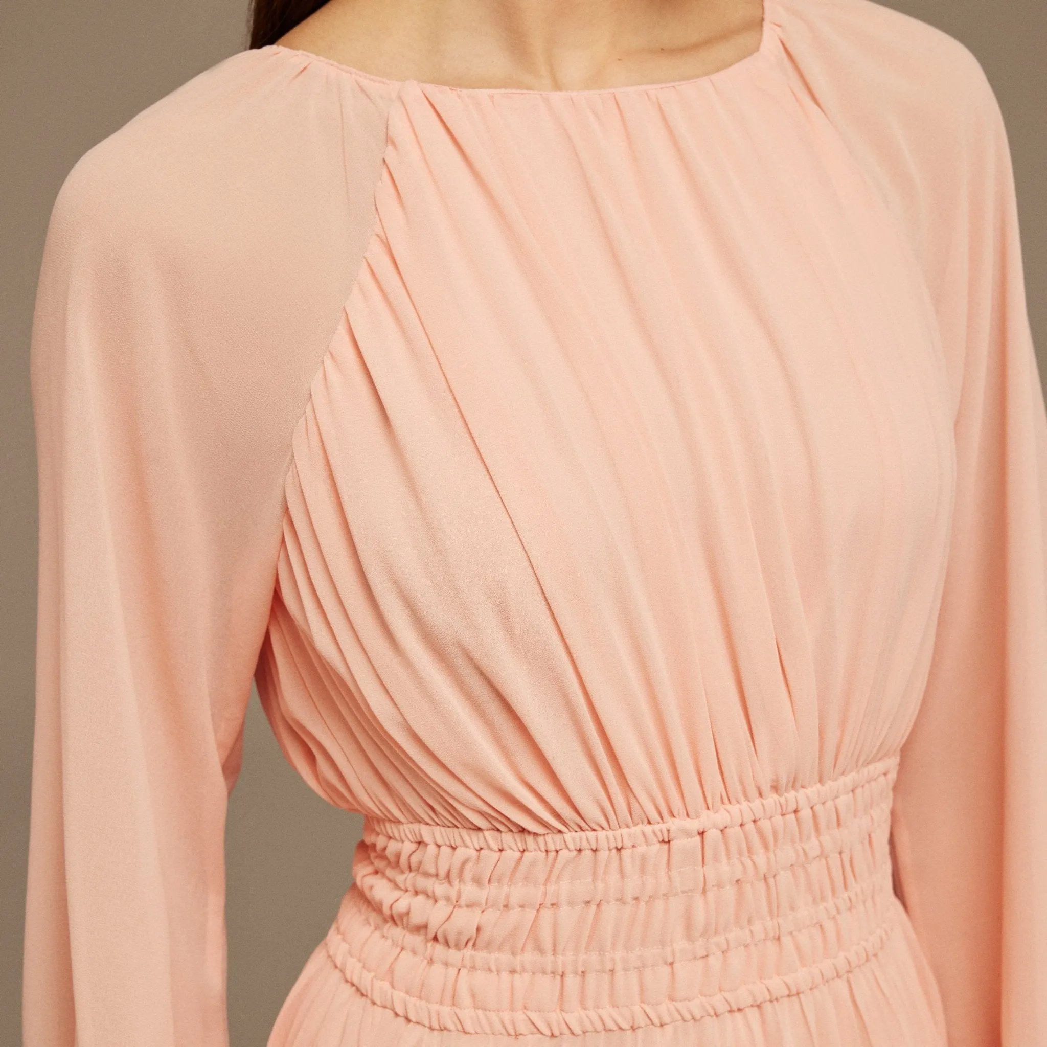 Pink Ruched top long sleeve Chiffon Midi Dress