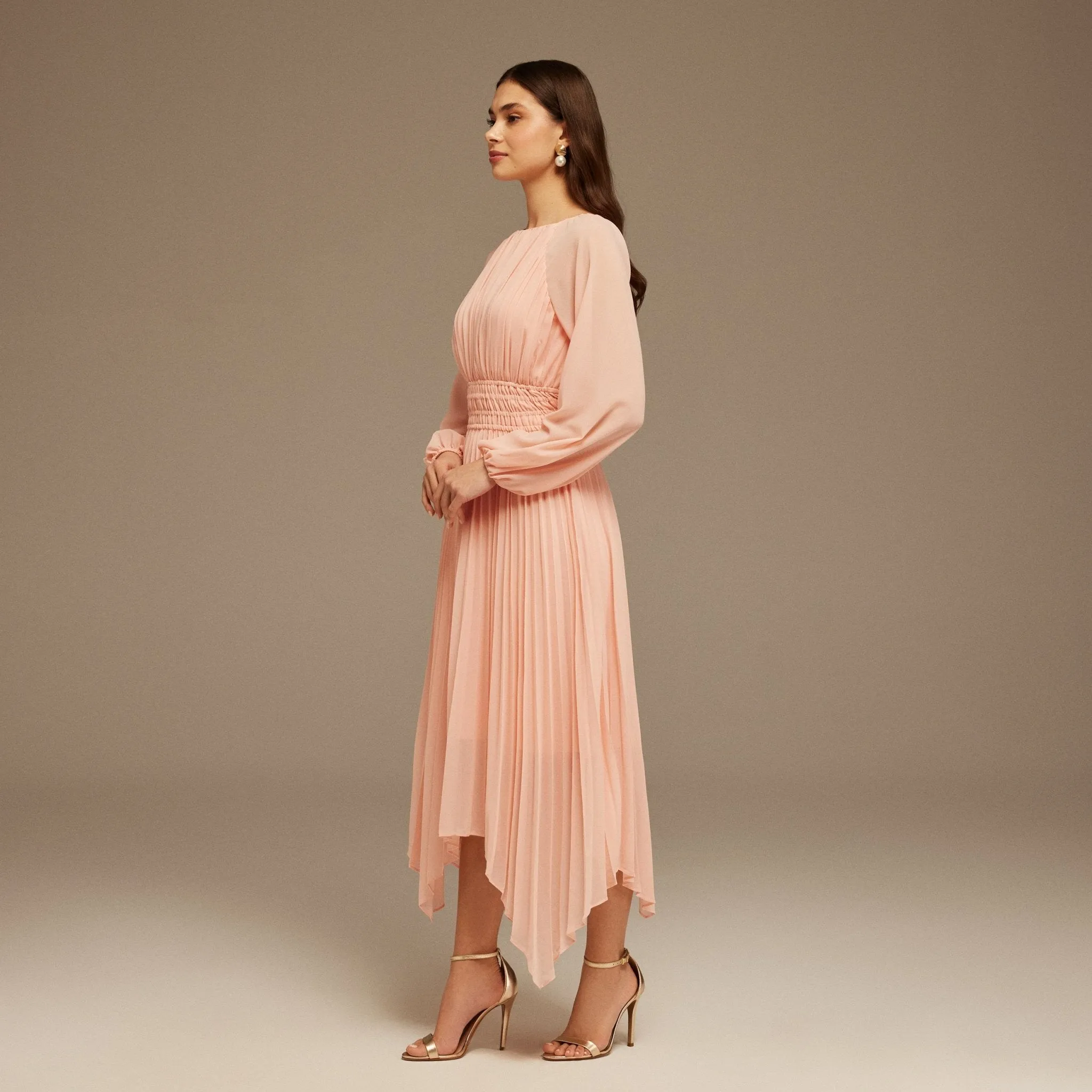 Pink Ruched top long sleeve Chiffon Midi Dress