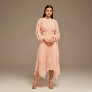 Pink Ruched top long sleeve Chiffon Midi Dress