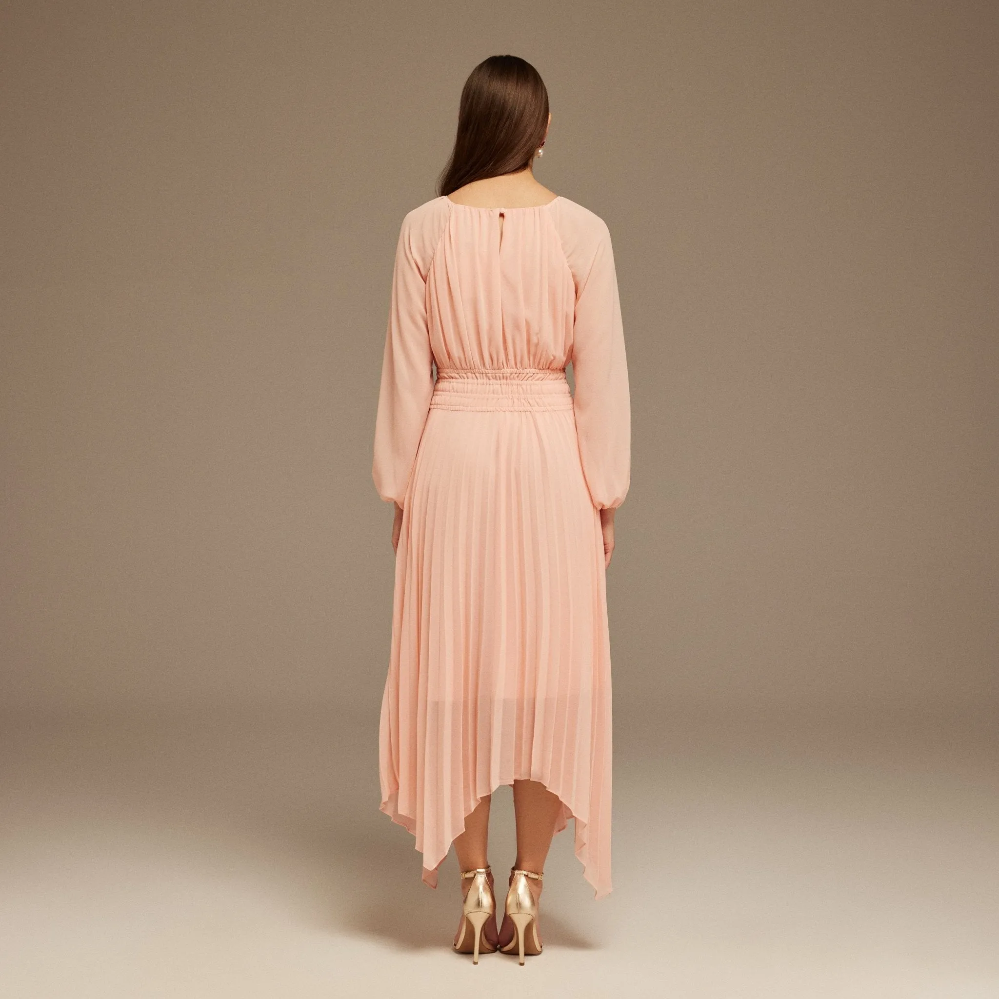 Pink Ruched top long sleeve Chiffon Midi Dress