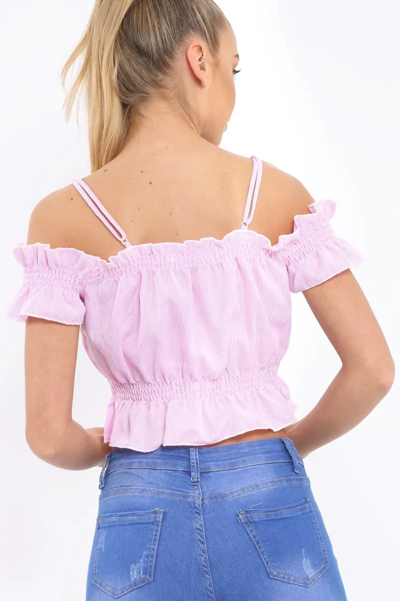 Pink Stripe Cold Shoulder Frill Crop Top - Nieve
