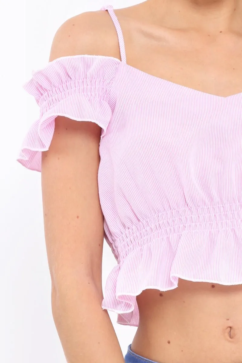Pink Stripe Cold Shoulder Frill Crop Top - Nieve