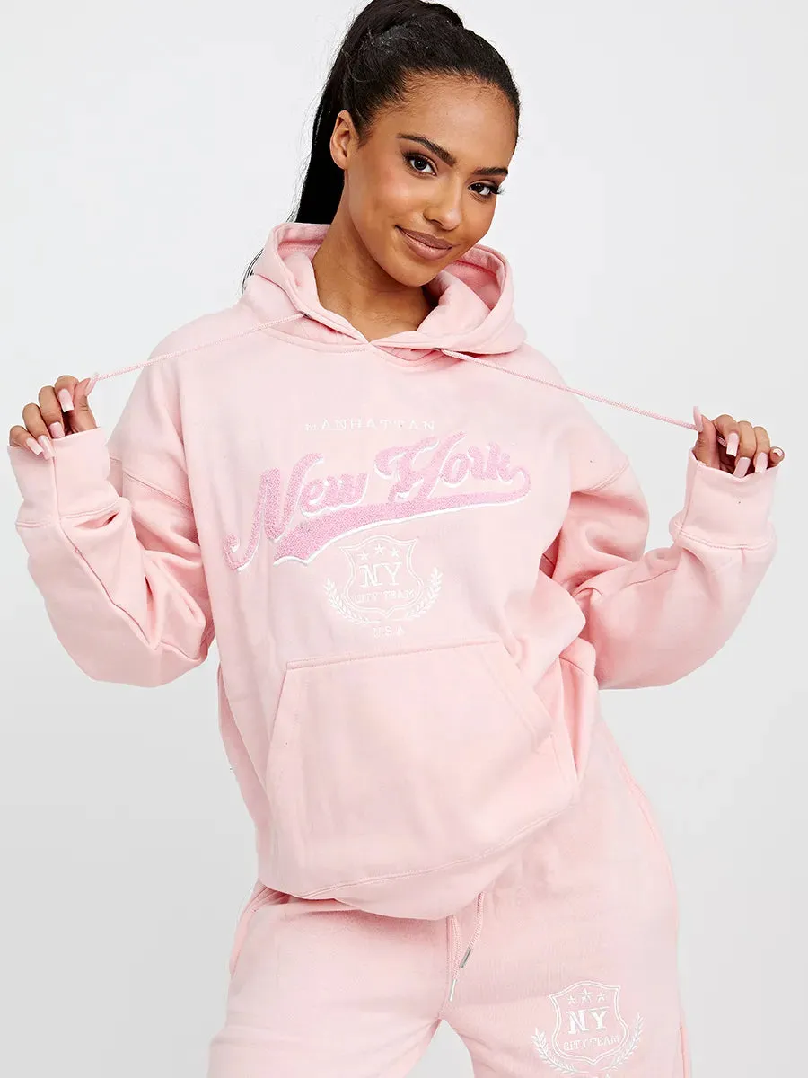 Pink Towelling Embroidered New York Hooded Fleece Loungewear Set