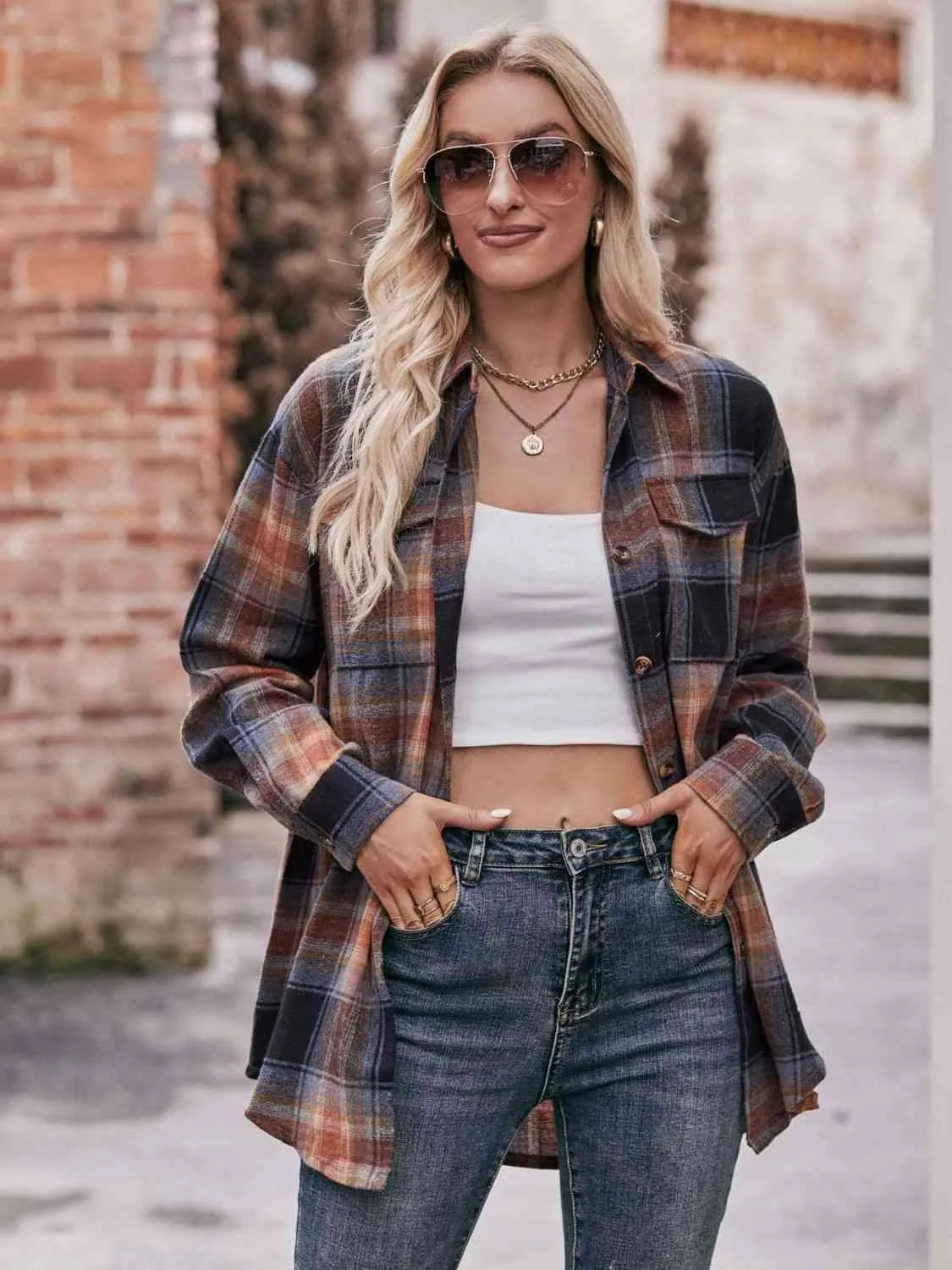 Plaid Dropped Shoulder Longline Shirt (7 Colors)