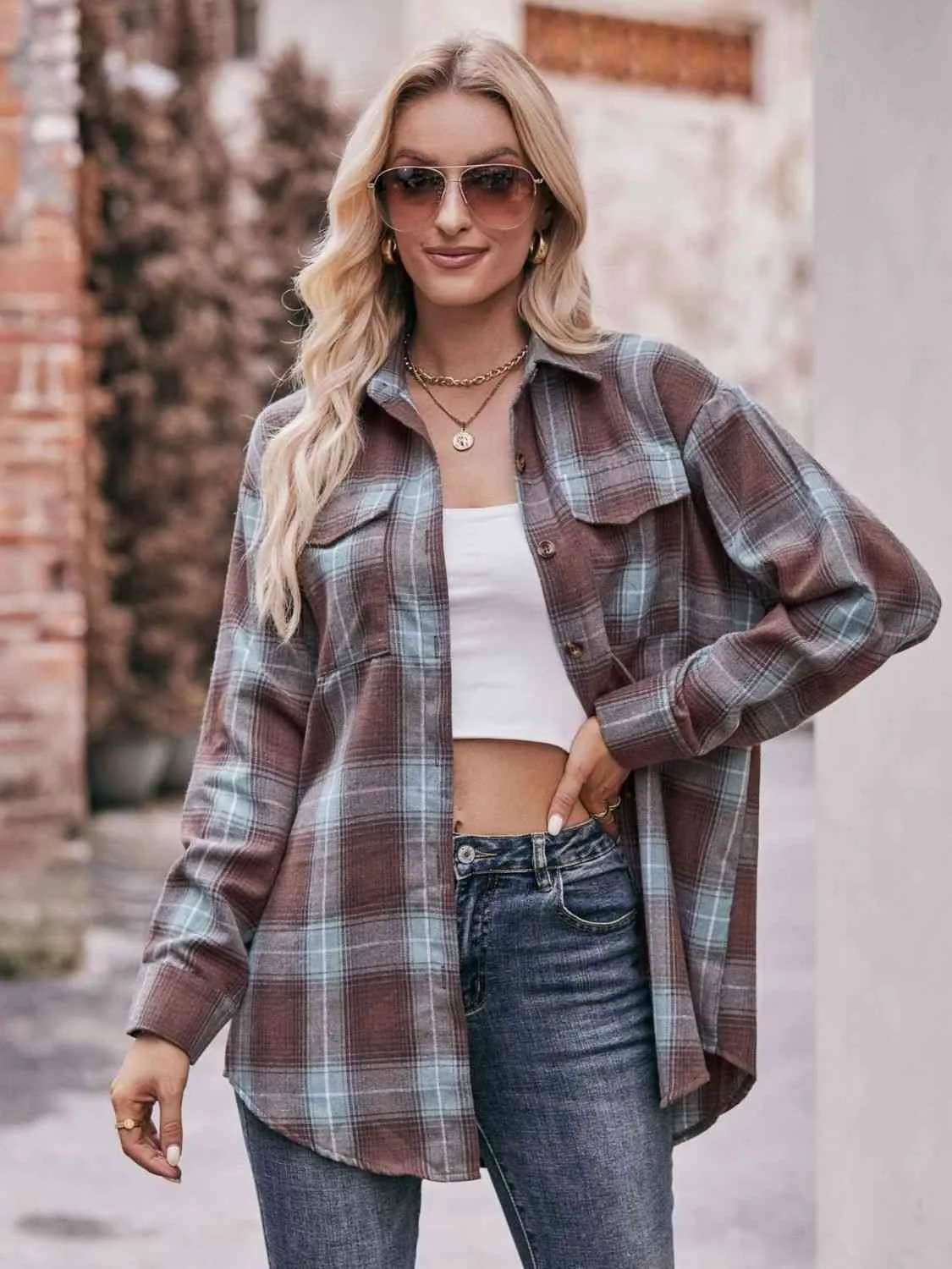Plaid Dropped Shoulder Longline Shirt (7 Colors)