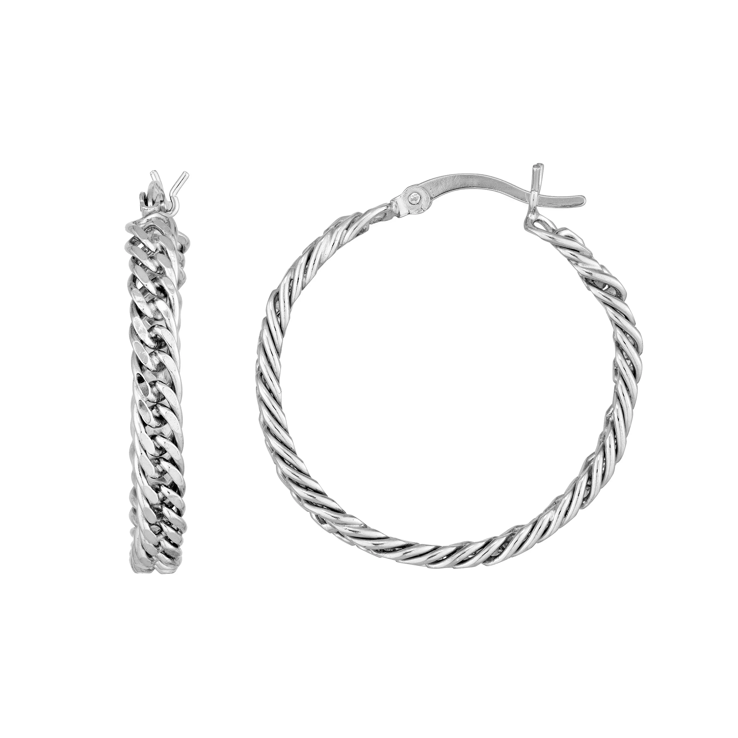 Plated Sterling Silver Curb Chain Hoop Earrings