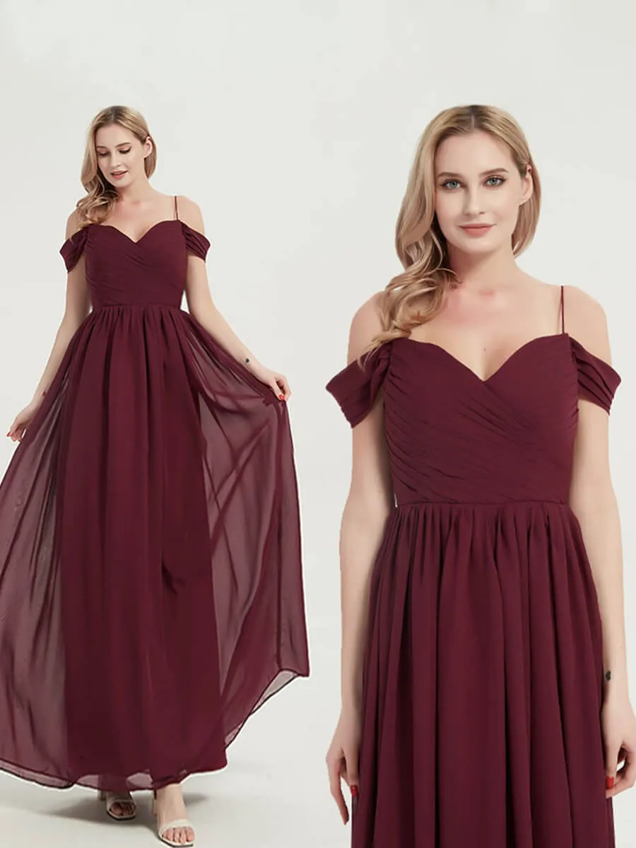 Plum Spaghetti Straps Pleated Chiffon Floor Length Bridesmaid Dress