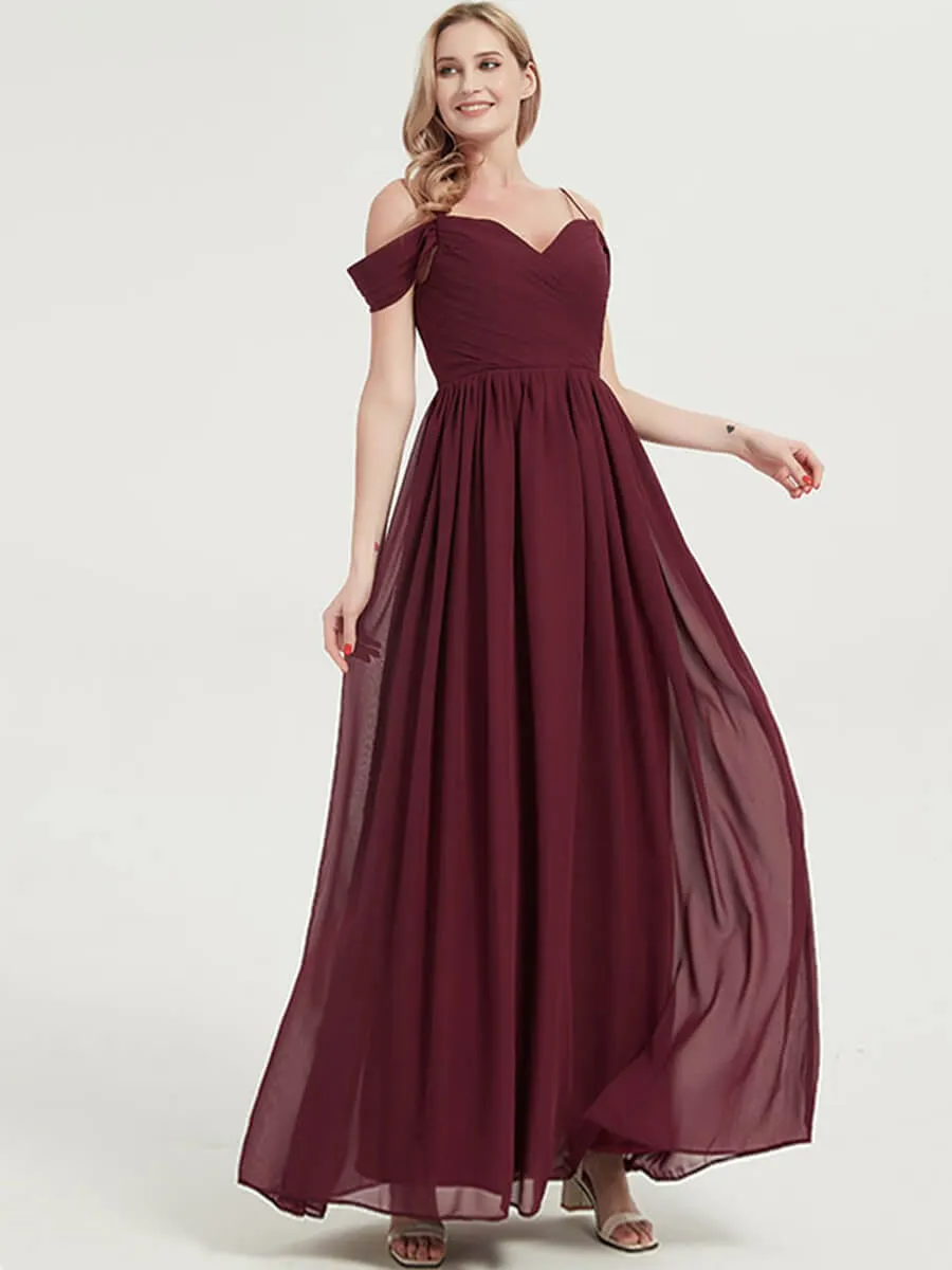 Plum Spaghetti Straps Pleated Chiffon Floor Length Bridesmaid Dress