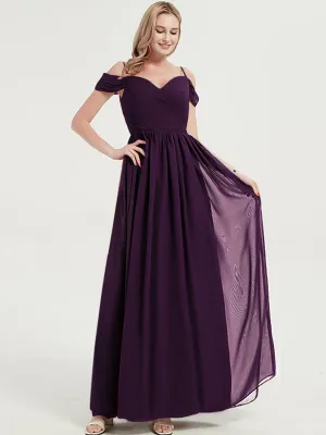 Plum Spaghetti Straps Pleated Chiffon Floor Length Bridesmaid Dress