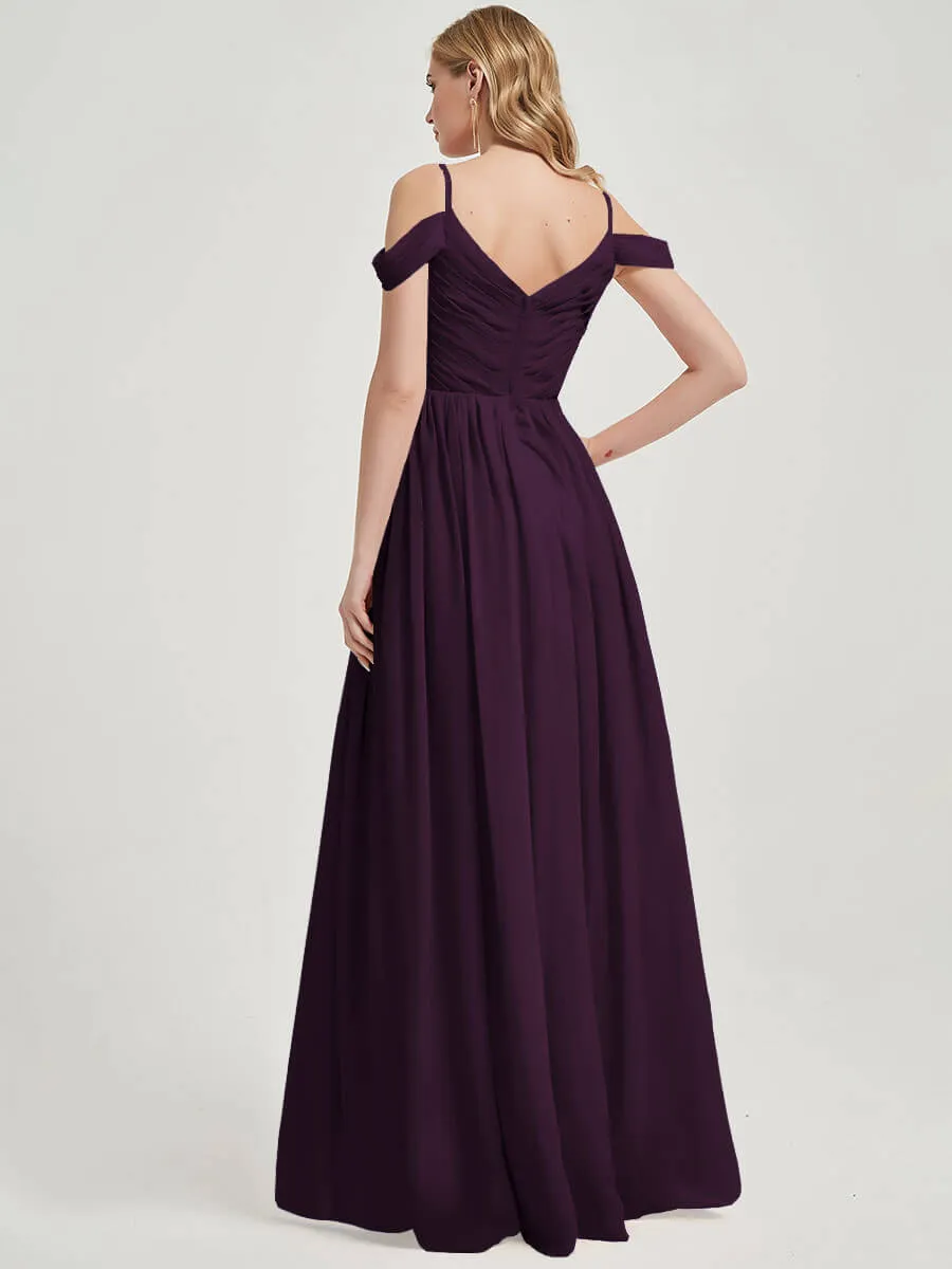 Plum Spaghetti Straps Pleated Chiffon Floor Length Bridesmaid Dress