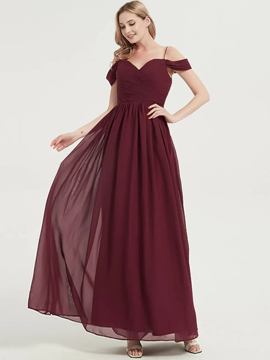 Plum Spaghetti Straps Pleated Chiffon Floor Length Bridesmaid Dress