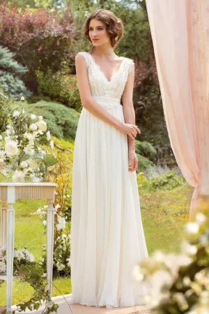 Plunged Sleeveless Chiffon Pleated Wedding Dress With Lace And Bow-715004