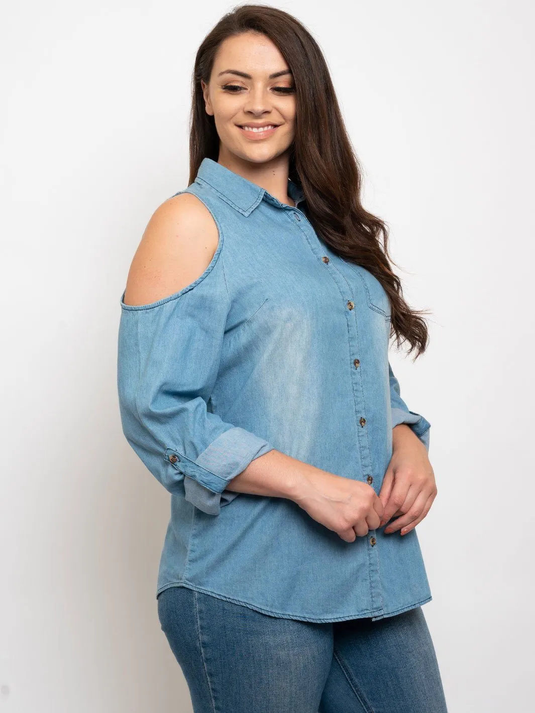 PLUS SIZE COLD SHOULDER BUTTON UP DENIM TOP