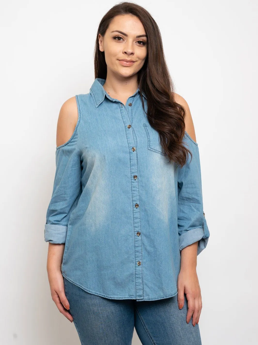 PLUS SIZE COLD SHOULDER BUTTON UP DENIM TOP