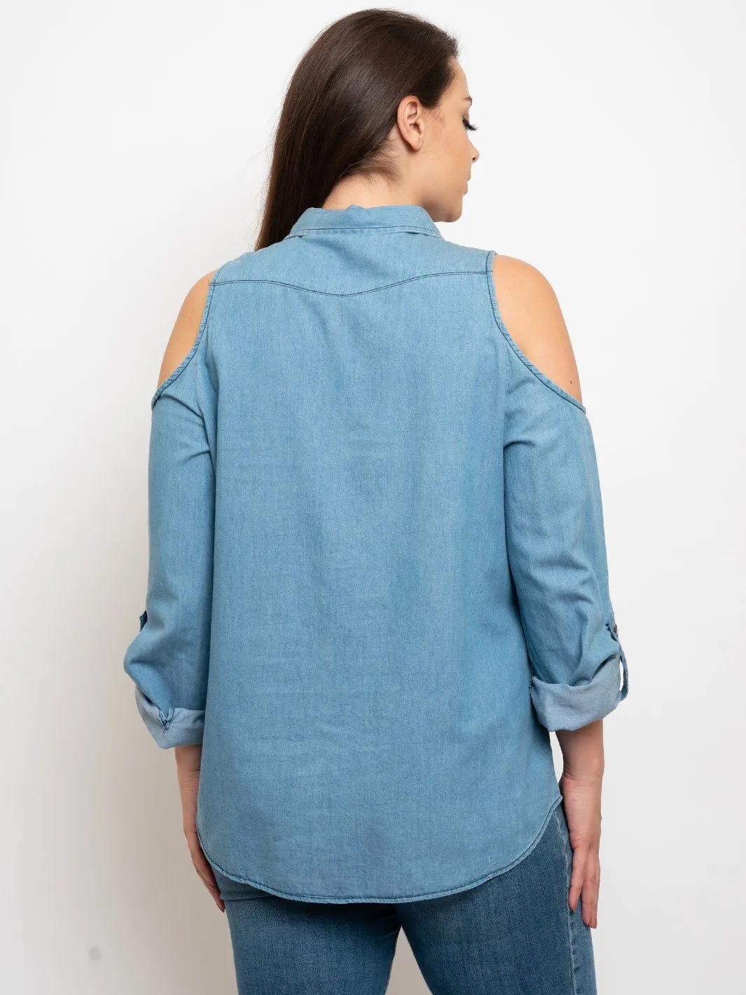 PLUS SIZE COLD SHOULDER BUTTON UP DENIM TOP