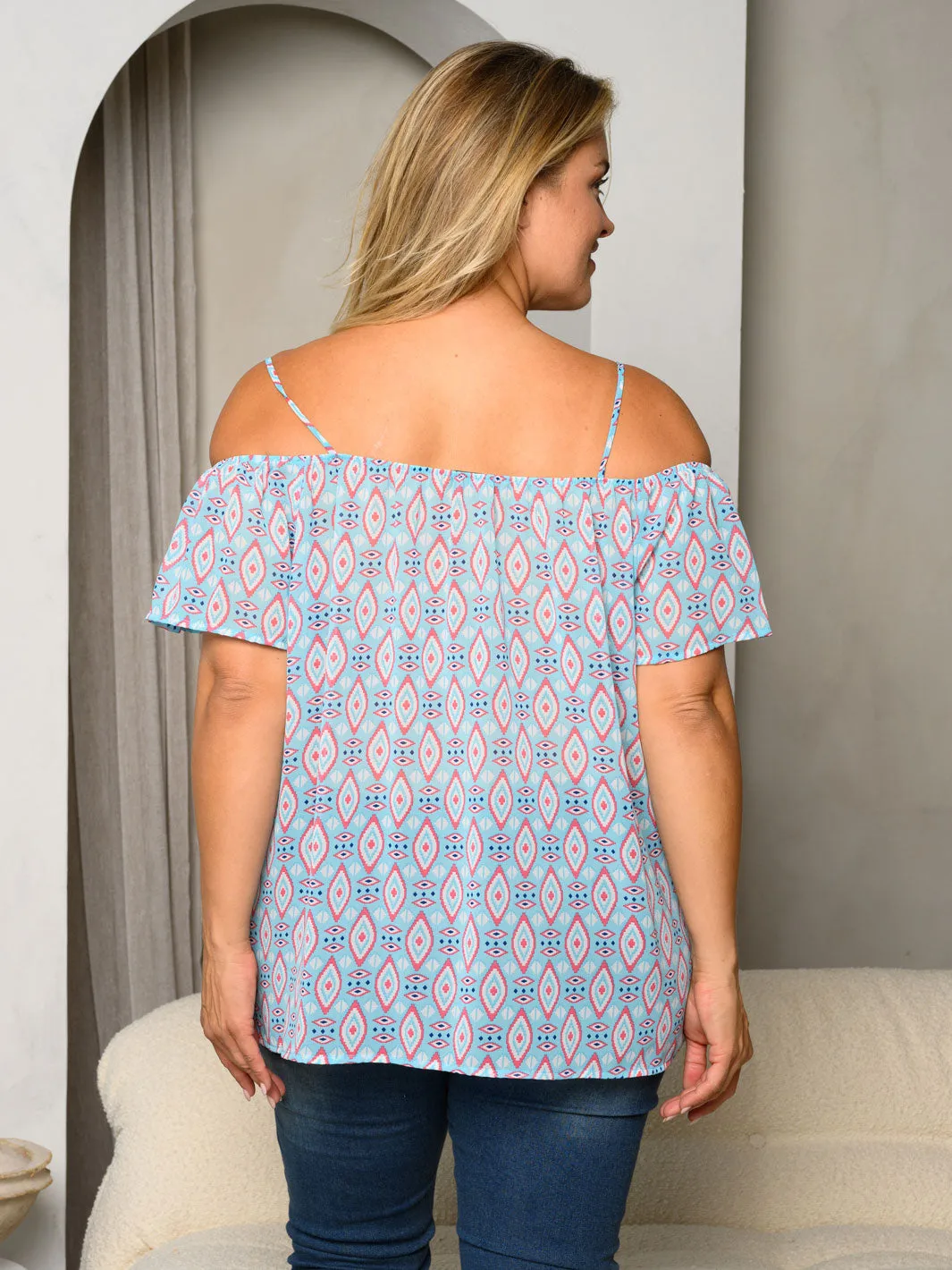 PLUS SIZE COLD SHOULDER MULTI PRINT TOP