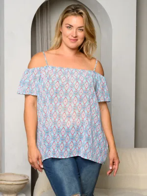 PLUS SIZE COLD SHOULDER MULTI PRINT TOP