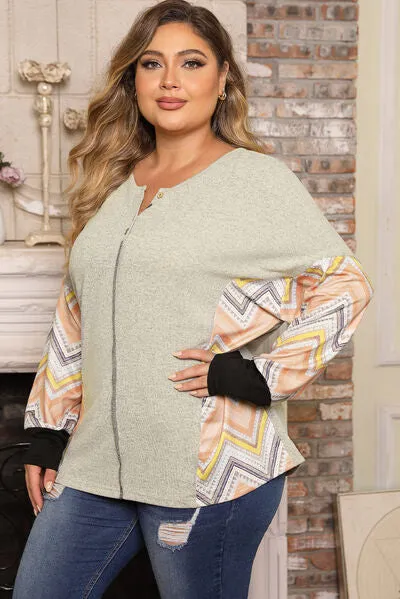 Plus Size Exposed Seam Print Long Sleeve Top