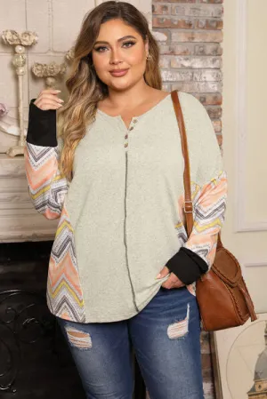 Plus Size Exposed Seam Print Long Sleeve Top