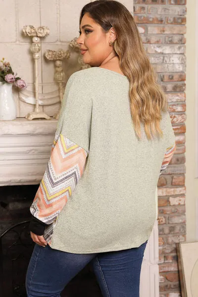 Plus Size Exposed Seam Print Long Sleeve Top