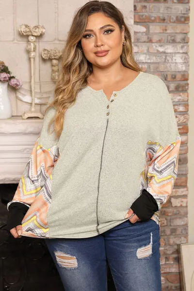 Plus Size Exposed Seam Print Long Sleeve Top