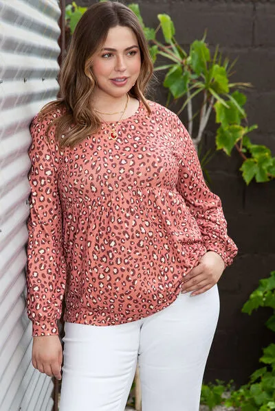 Plus Size Leopard Long Sleeve Blouse