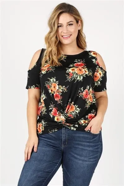 Plus Size Twist Knot Cold Shoulder Printed Top Black Coral - Pack of 6