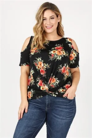 Plus Size Twist Knot Cold Shoulder Printed Top Black Coral - Pack of 6