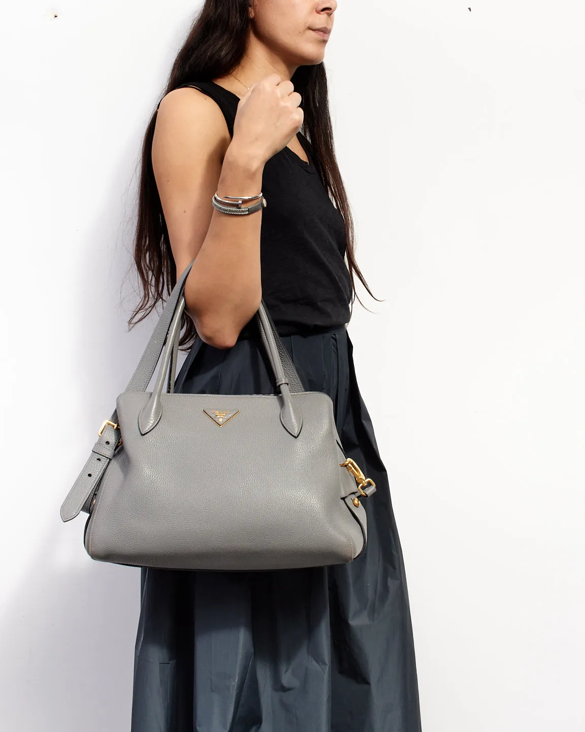 Prada Grey Vitello Daino Medium Top-Handle Tote Bag