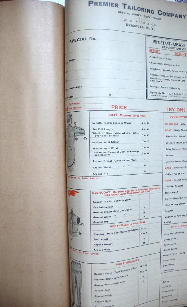 Premier Tailoring Company Ordering Blank book