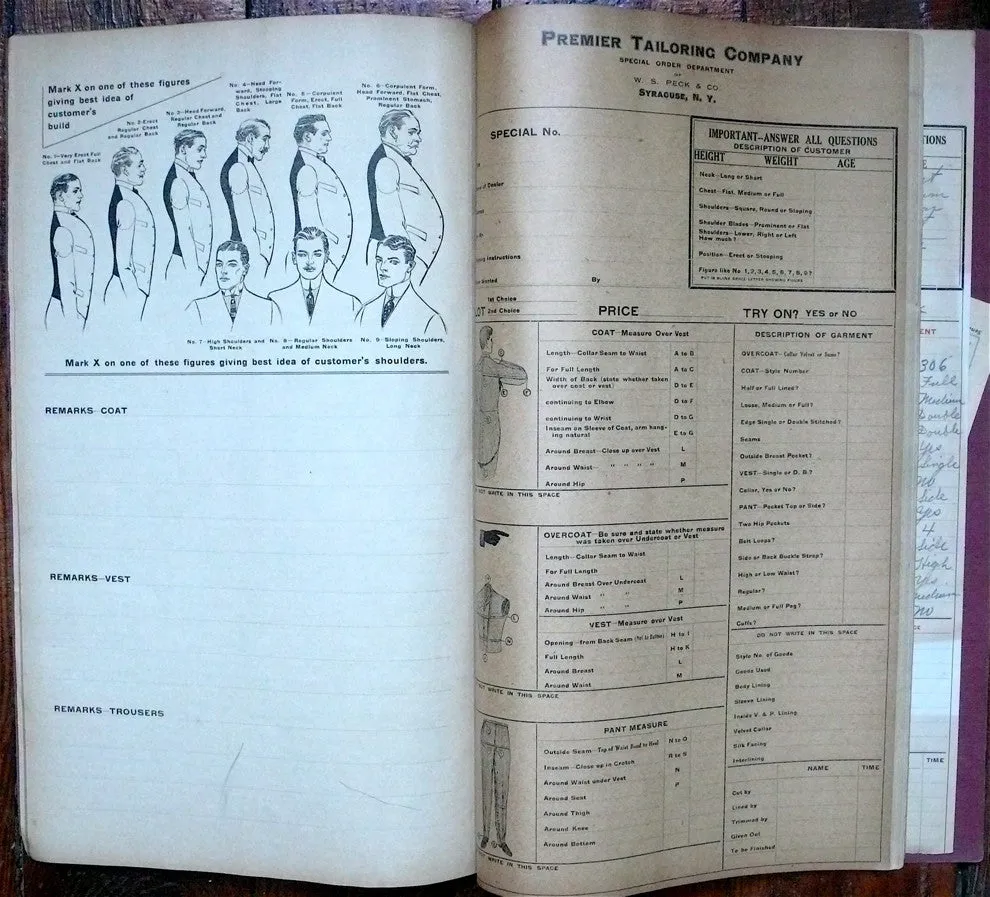 Premier Tailoring Company Ordering Blank book