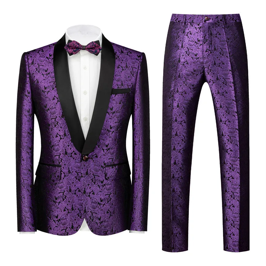 Purple Jacquard Slim Fit Black Lapel Wedding Suits for Men