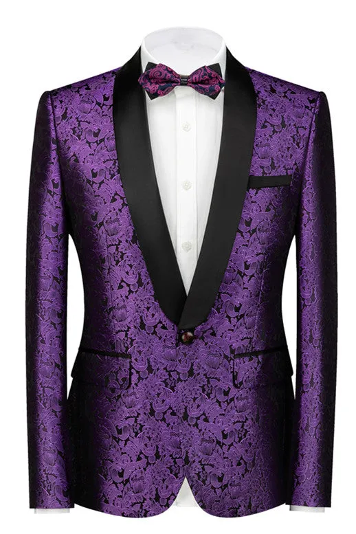 Purple Jacquard Slim Fit Black Lapel Wedding Suits for Men