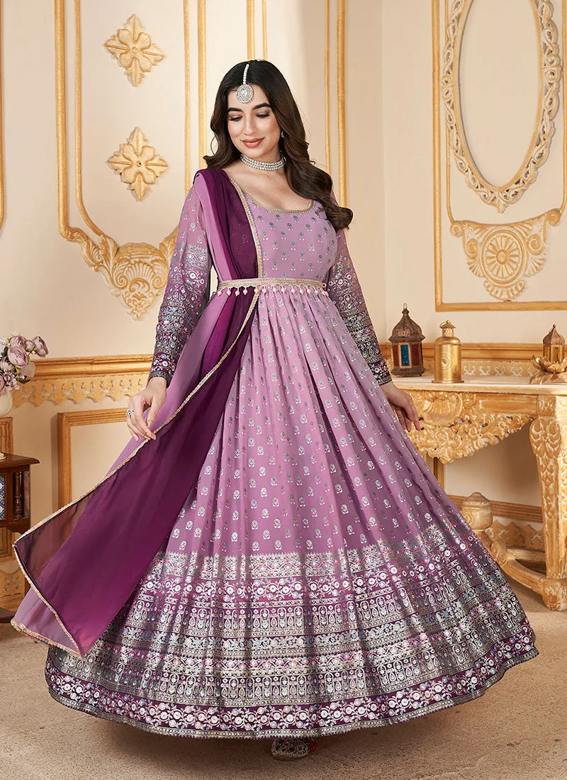 Purple Metallic Foil Work Embellished Anarkali Gown And Dupatta