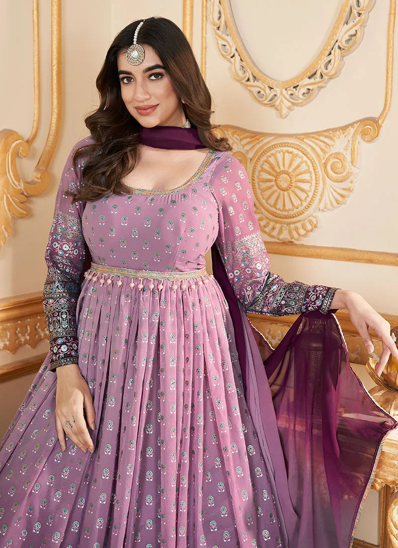 Purple Metallic Foil Work Embellished Anarkali Gown And Dupatta