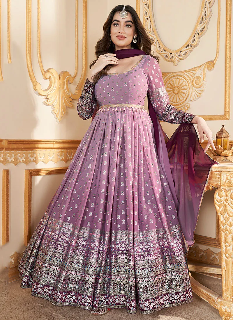 Purple Metallic Foil Work Embellished Anarkali Gown And Dupatta