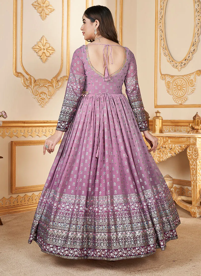Purple Metallic Foil Work Embellished Anarkali Gown And Dupatta