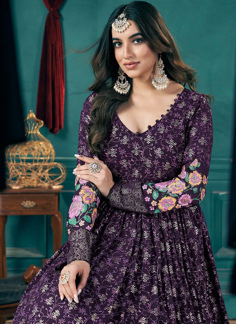 Purple Metallic Foil Work Embellished Anarkali Suit