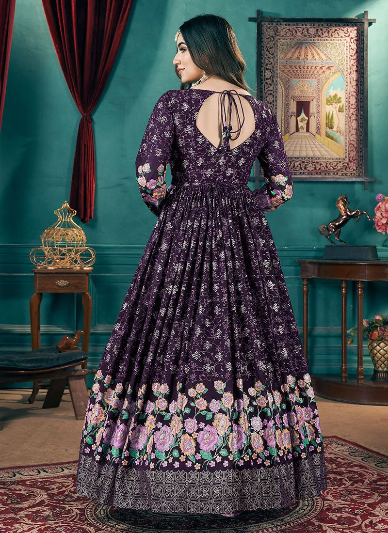 Purple Metallic Foil Work Embellished Anarkali Suit