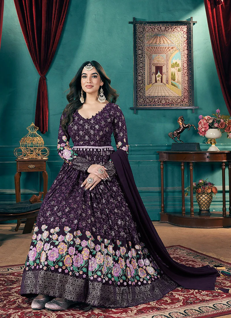 Purple Metallic Foil Work Embellished Anarkali Suit