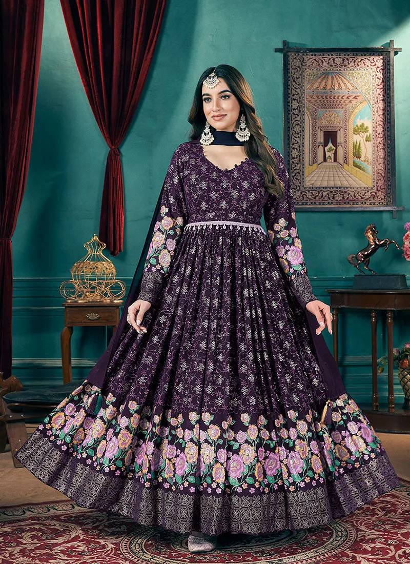 Purple Metallic Foil Work Embellished Anarkali Suit