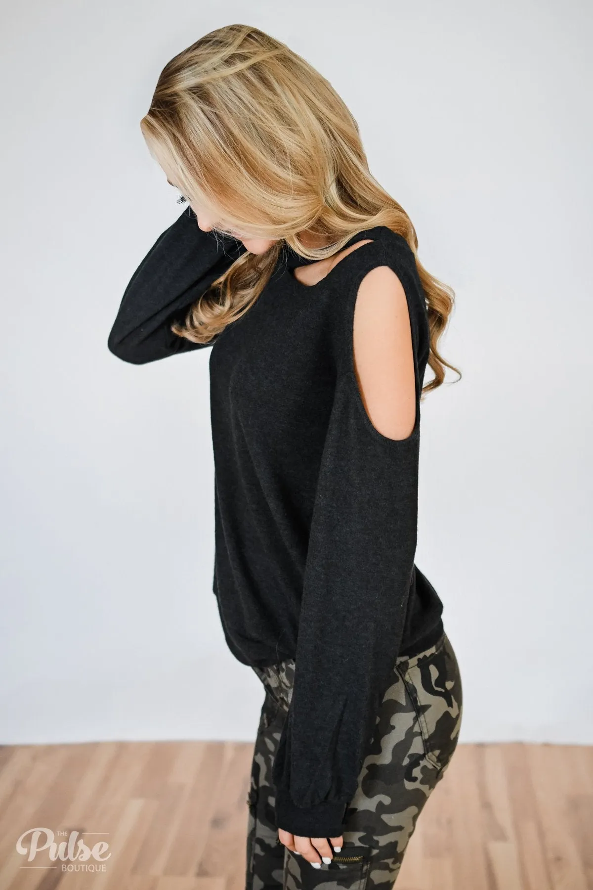 Put it to the Side Cold Shoulder Top- Black Charcoal